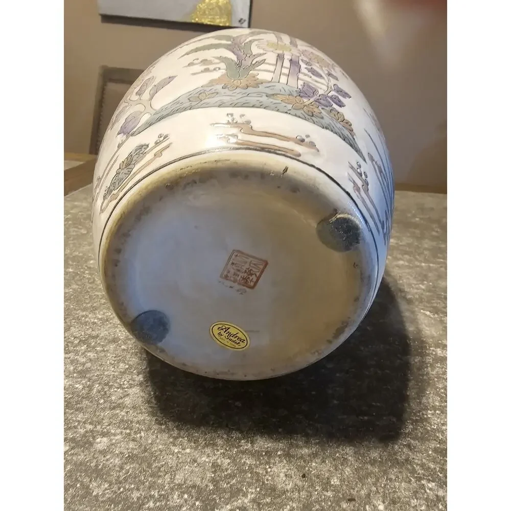 Vintage Hand Painted Porcelain Chinoiserie Ginger Jar 13x8 Inches with Lid